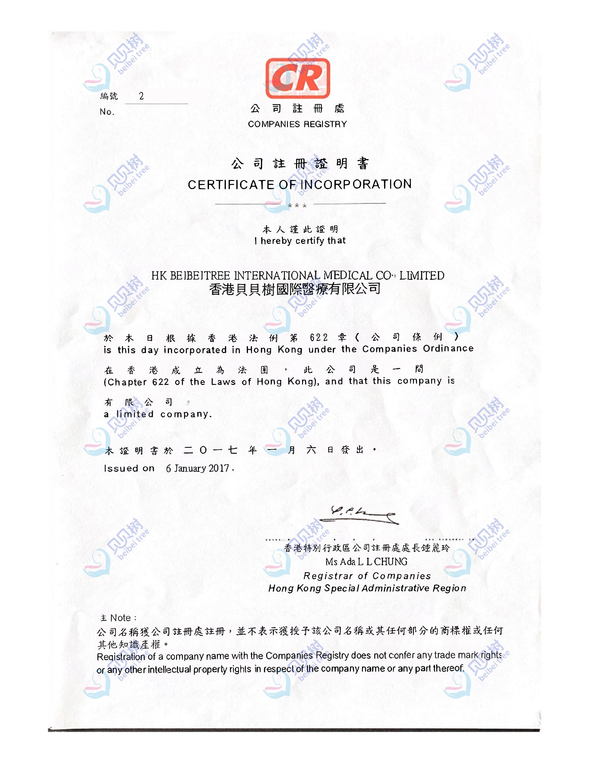 香港贝贝树国际医疗有限公司营业执照